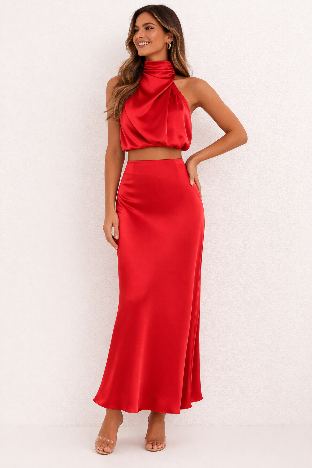 Mode femme : ensemble jupe longue et haut dos nu drapé, style chic et moderne pour occasions spéciales.