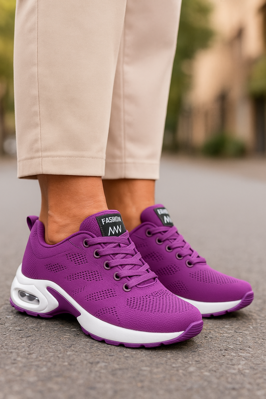 Femme portant des chaussures orthopédiques confortables, idéales pour la marche et le bien-être quotidien.