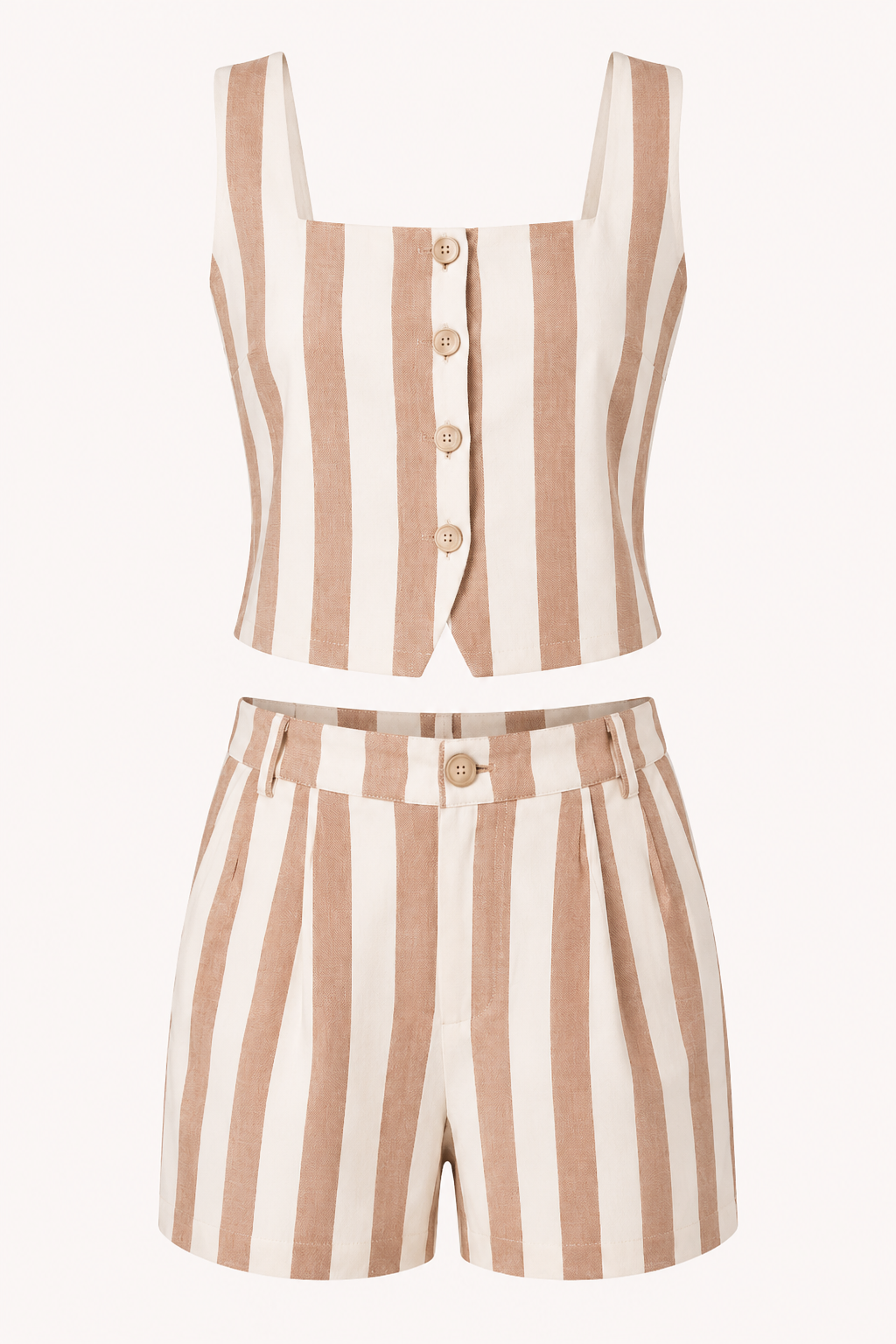 Ensemble gilet et short beige rayé femme, coupe taille haute. Chic décontracté pour l'été.