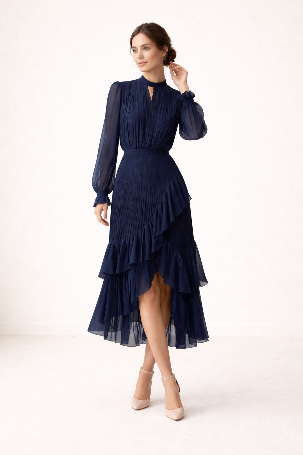 Robe midi plissée femme à manches longues, élégante et confortable pour le printemps/été. Chic décontracté.