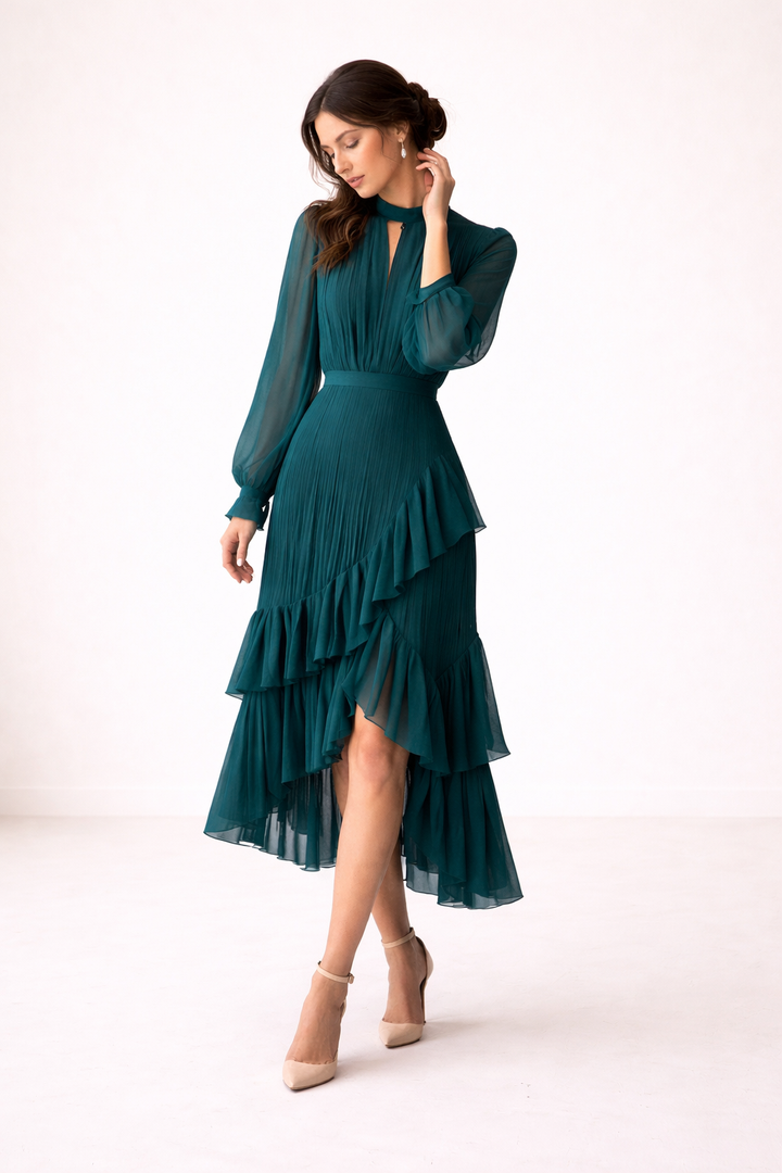 Zoom sur le délicat plissé d'une robe midi femme à manches longues, texture douce, style élégant et décontracté.