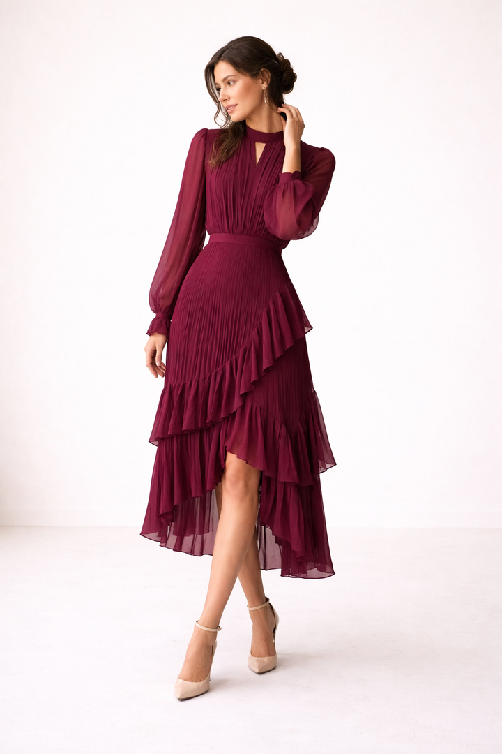 Robe midi plissée femme à manches longues, look polyvalent chic-décontracté pour le bureau ou une sortie élégante.