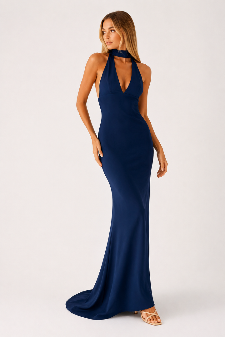 Robe longue femme élégante, dos nu, décolleté profond. Parfaite pour mariage, soirée, bal d'été chic.