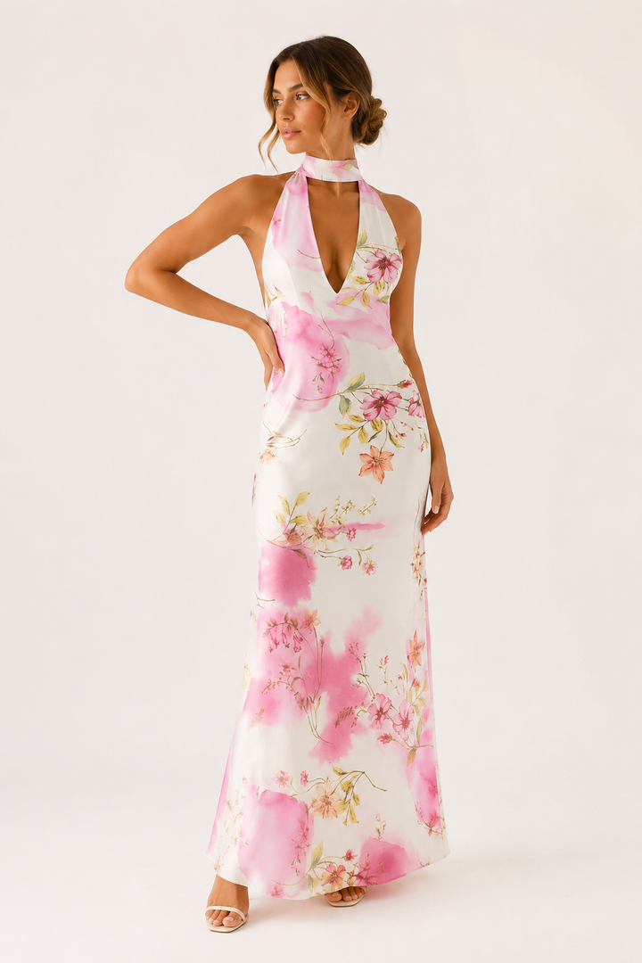 Robe longue moulante chic femme dos nu et décolleté profond, style licou pour une allure sophistiquée.