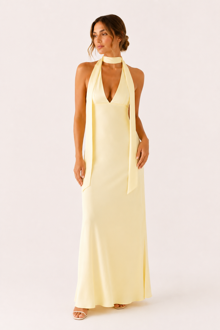 Robe de soirée longue chic et moulante femme, avec dos nu et décolleté profond, style licou raffiné.