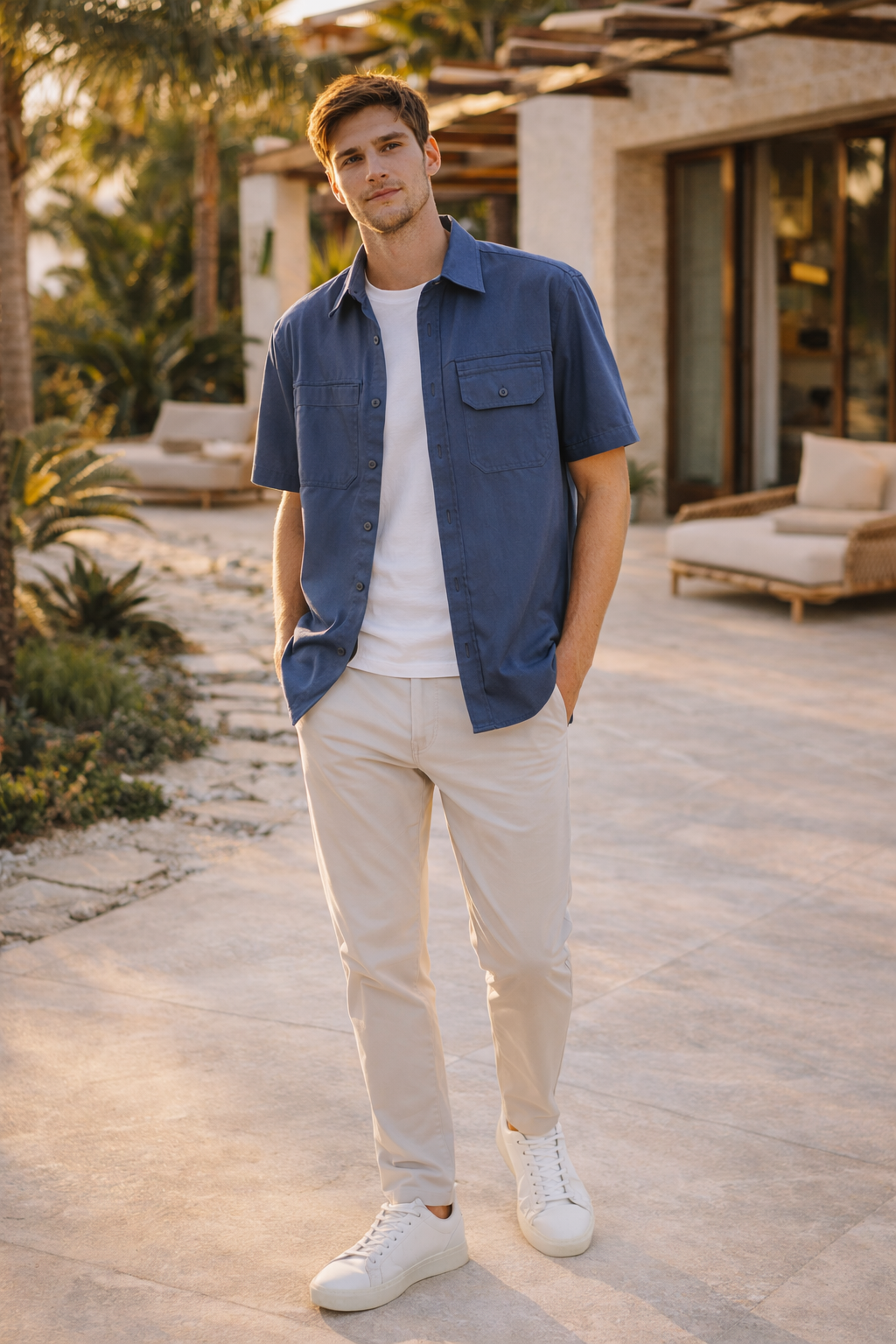 Chemise masculine Erik à manches courtes avec poches, coupe droite, look décontracté chic, parfaite pour l'été.