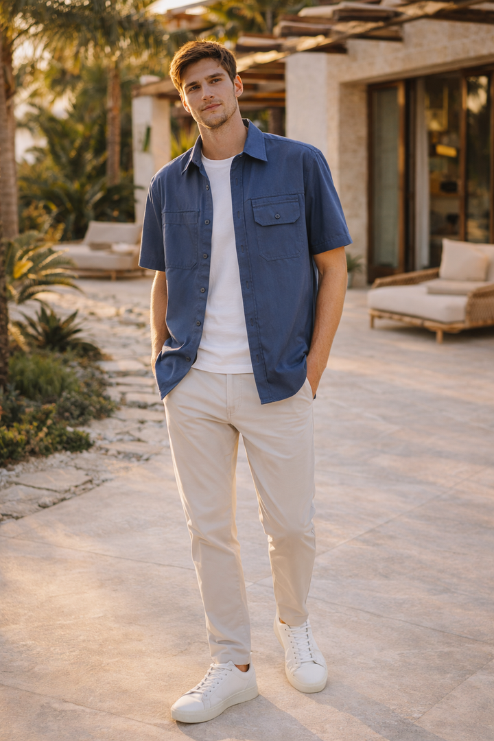 Chemise masculine Erik à manches courtes avec poches, coupe droite, look décontracté chic, parfaite pour l'été.
