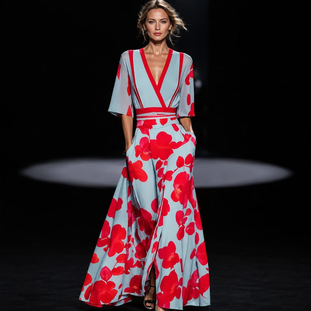 Robe longue fleurie cache-cœur élégante pour femme, motif floral printanier. Mode féminine décontractée.