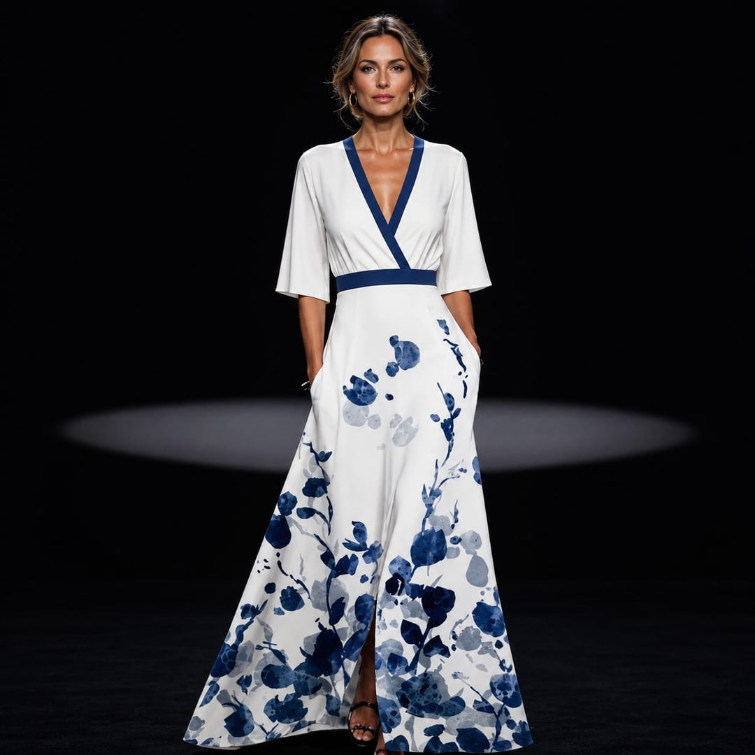 Robe d'été longue fleurie pour femme, cache-cœur élégant. Look bohème décontracté printemps/été.
