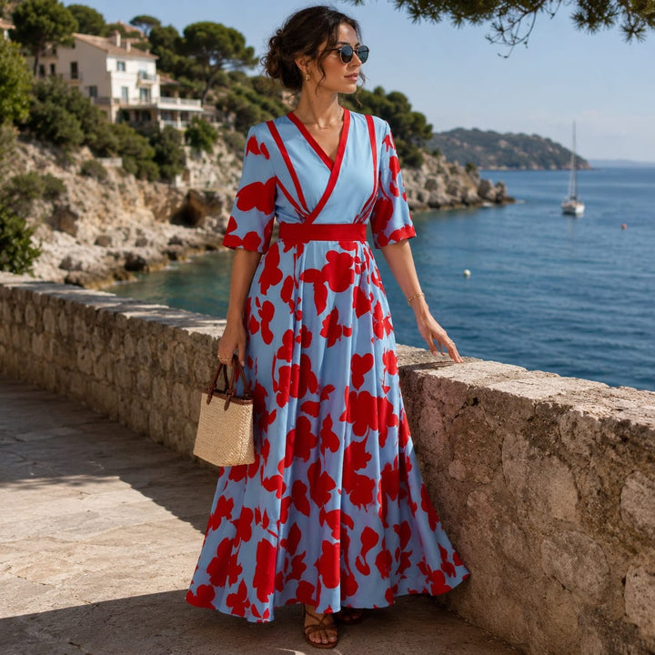 Robe longue fleurie cache-cœur élégante femme, motif floral bohème. Idéale pour l'été et le printemps.
