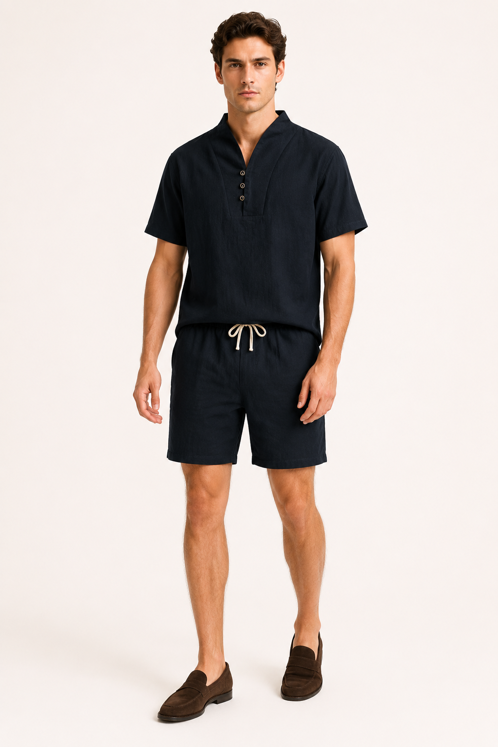 Homme portant un ensemble d'été décontracté en lin-coton avec chemise col mao et short de détente élégant.