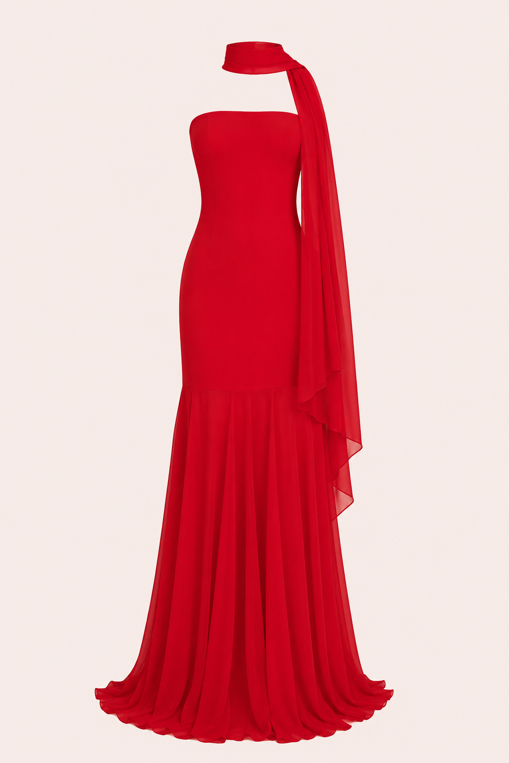 Robe de soirée sirène rouge glamour sans bretelles, idéale pour un gala, un événement ou une occasion spéciale.