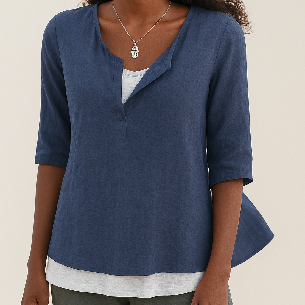 Chemise femme mode avec col V, manches 3/4. Haut polyvalent, idéal pour l'été et le printemps, chic et confortable.