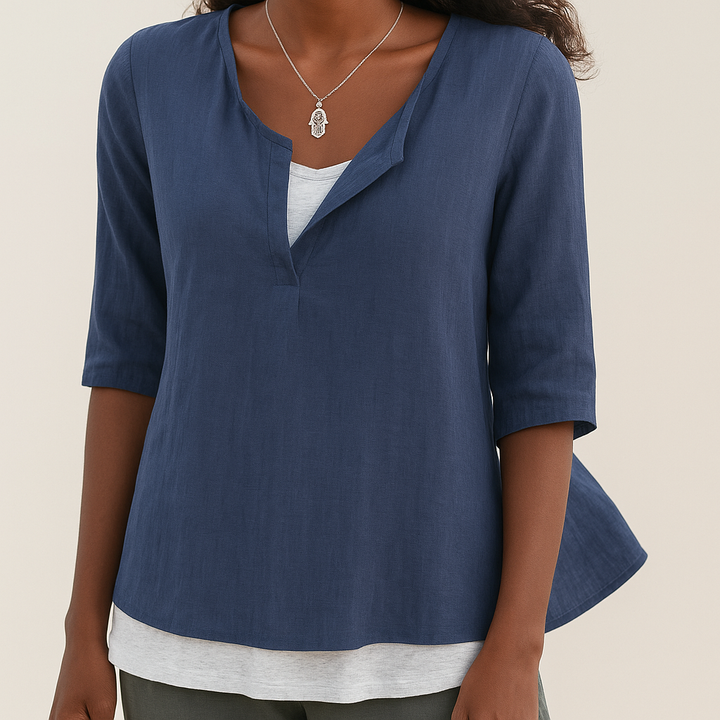 Chemise femme mode avec col V, manches 3/4. Haut polyvalent, idéal pour l'été et le printemps, chic et confortable.