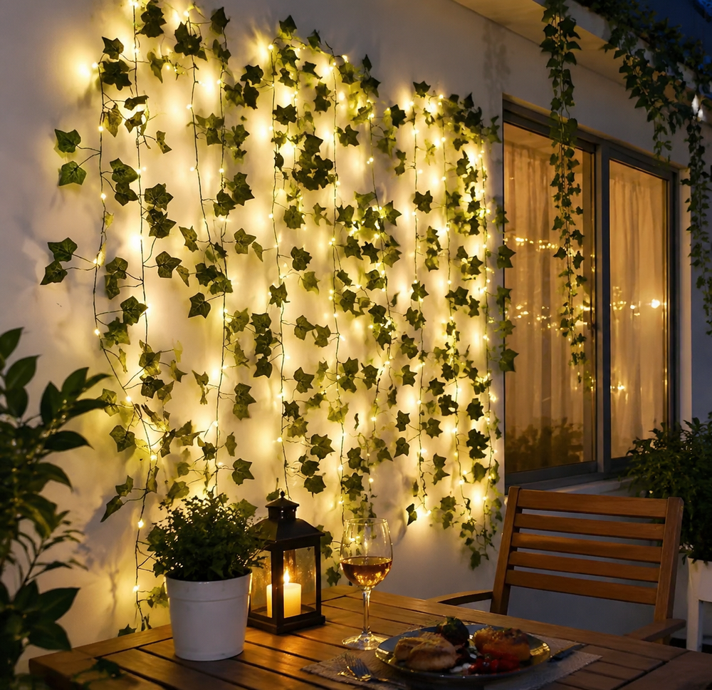 Lierre artificiel lumineux avec guirlande solaire LED, crée une ambiance féérique pour votre jardin.