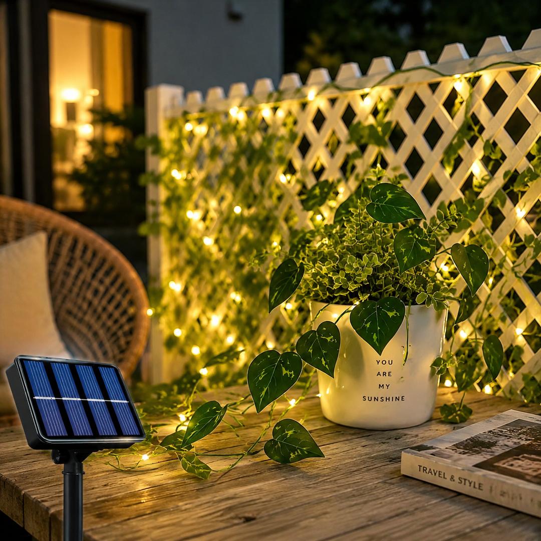 Guirlande solaire LED lierre artificiel, 8 modes, pour décoration de jardin ou éclairage extérieur.
