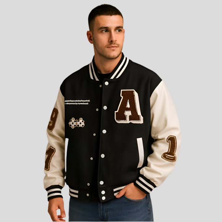 Blouson veste varsity homme Sam, style rétro unique, parfait pour un look urbain tendance cet automne.