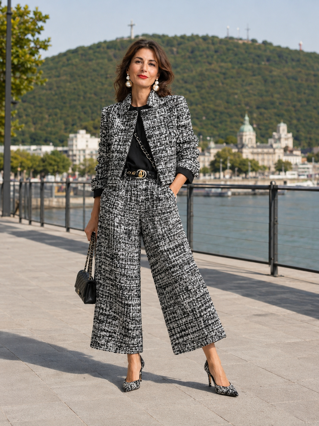Ensemble tweed femme élégant: veste courte chic et pantalon large sophistiqué, parfait pour le bureau.