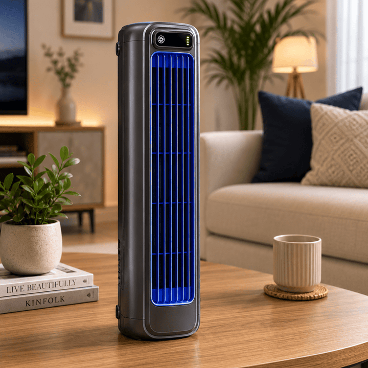 Ventilateur portable silencieux blanc et gris, rechargeable USB, parfait pour l'été au bureau ou en déplacement.