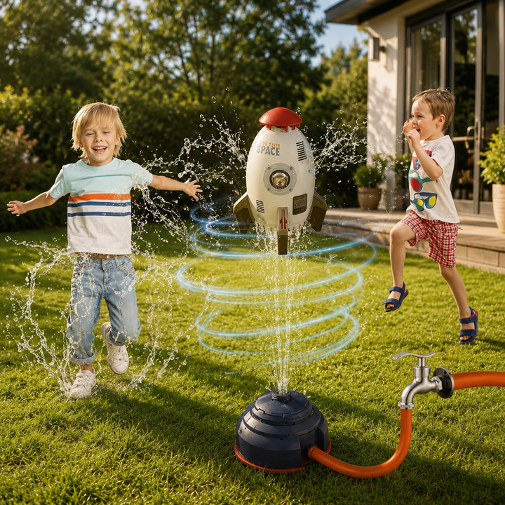 Enfants et famille s'amusent avec l'arroseur d'eau rotatif SPLASHSPIN, amusement garanti en plein air.