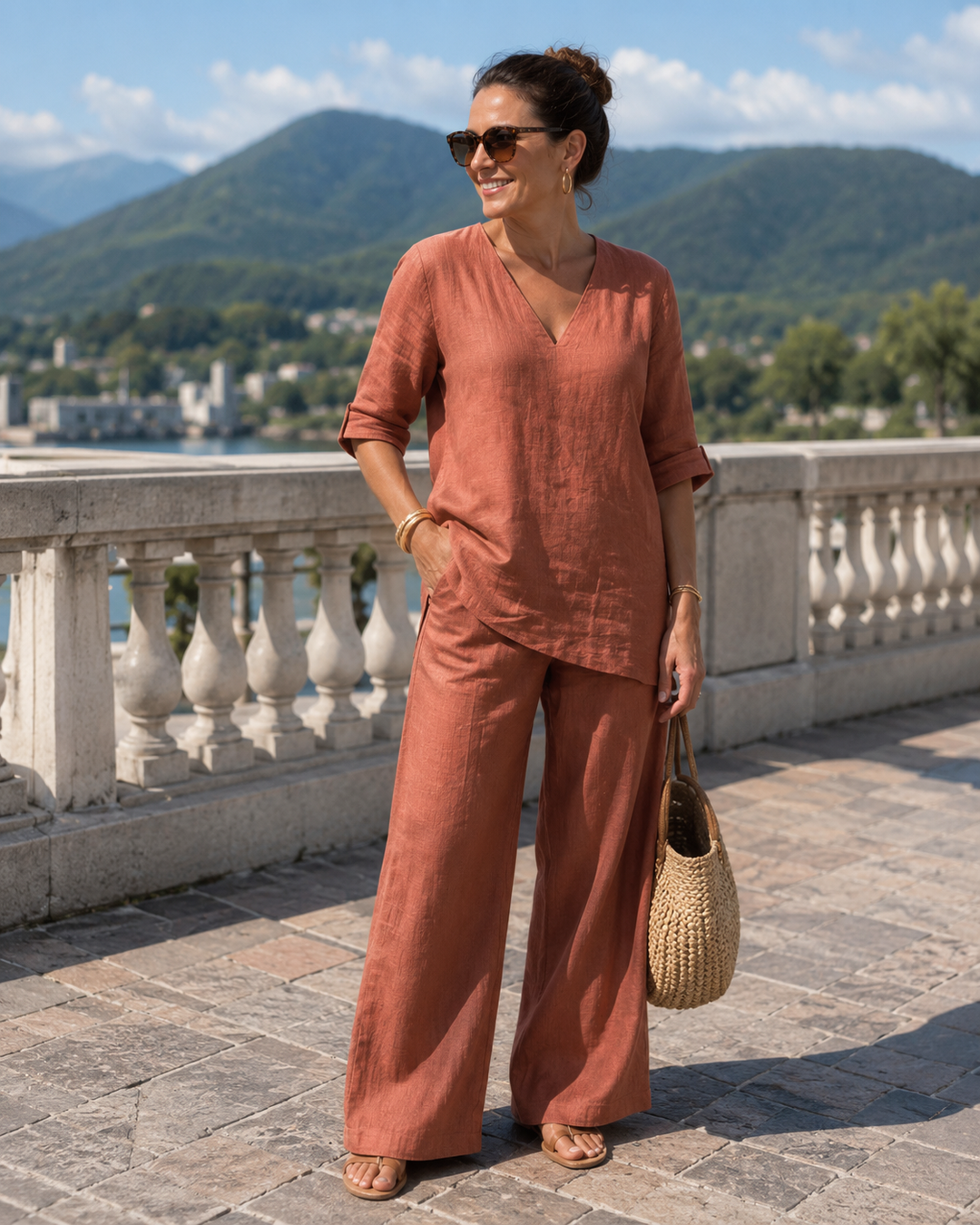 Ensemble femme coton lin col V et pantalon ample, style décontracté et élégant pour l'été.