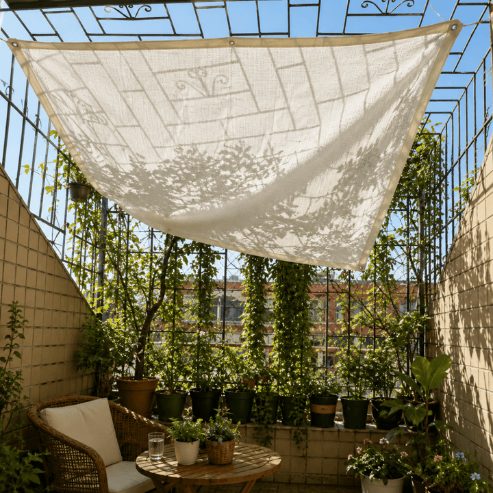 Filet d'ombrage HDPE pour jardin, terrasse ou balcon, offre fraîcheur et protection solaire intense.