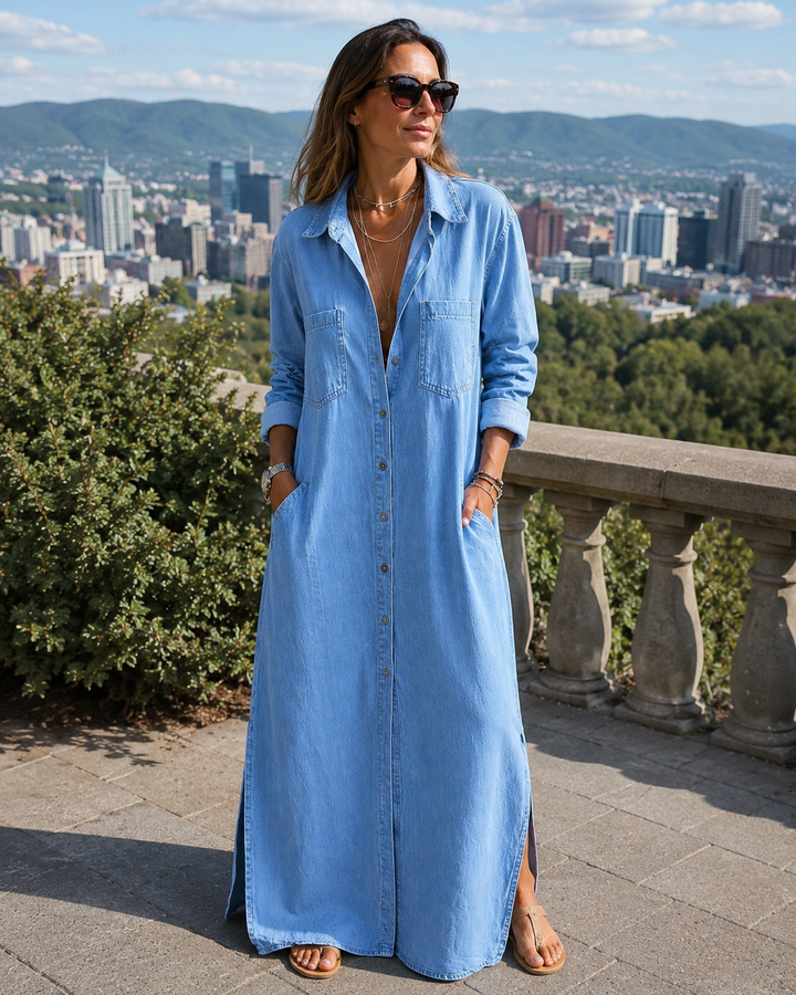 Robe chemise longue femme, boutonnée, ample et élégante. Parfaite pour le voyage ou un style décontracté chic.