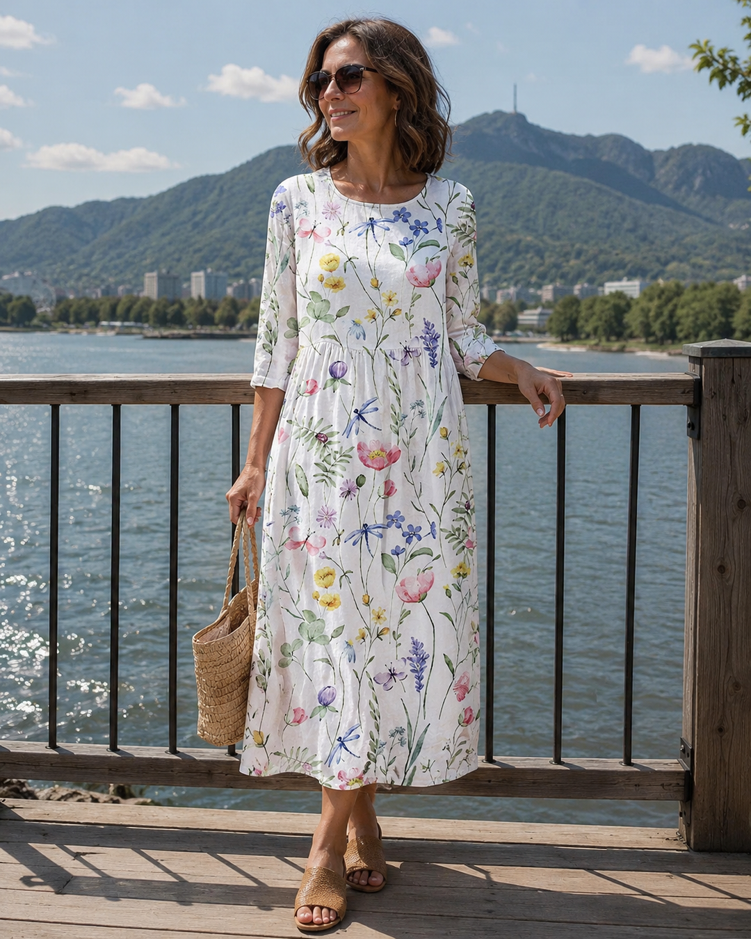 Robe midi fleurie pour femme, manches trois-quarts, idéale été. Imprimé floral décontracté, mode féminine.