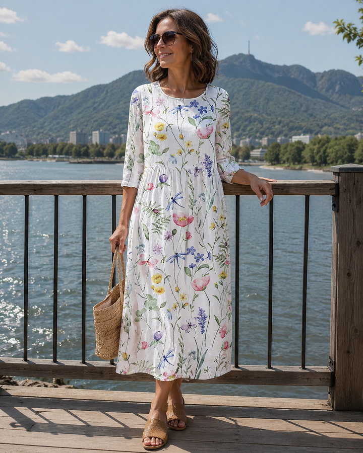 Robe midi fleurie pour femme, manches trois-quarts, idéale été. Imprimé floral décontracté, mode féminine.