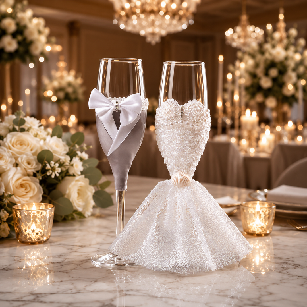 Élégants verres à champagne décoratifs, lot de 2, parfaits pour un mariage, fiançailles ou toast nuptial mémorable.