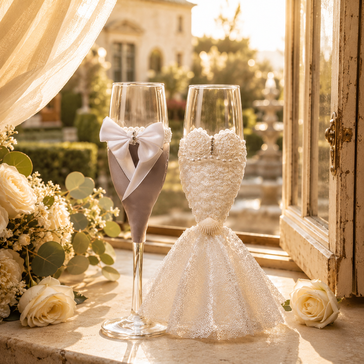 Lot de 2 verres à champagne élégants, parfaits pour célébrer des fiançailles ou un événement spécial de mariage.