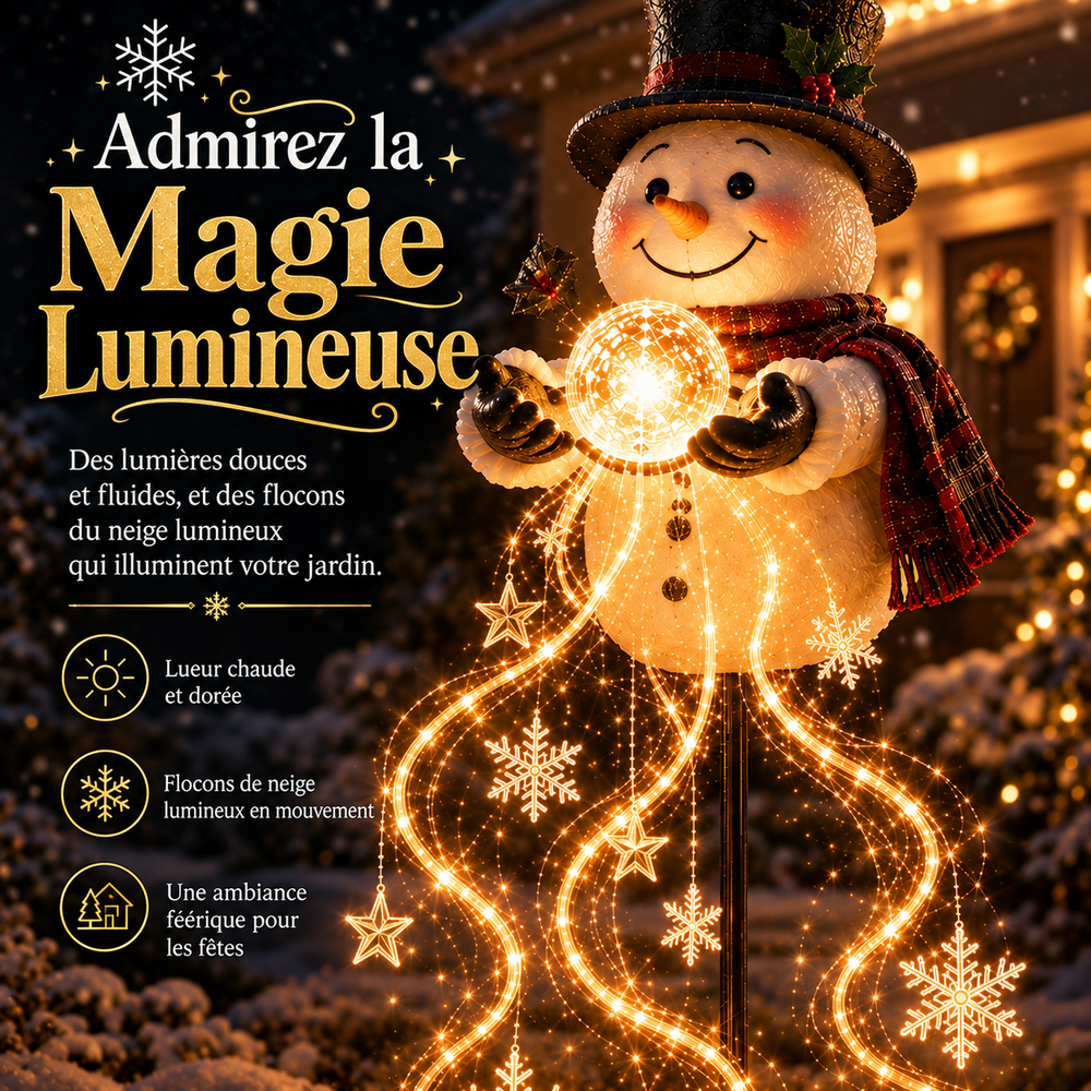 Figurine de Noël: Fontaine bonhomme de neige lumineuse. Décor hivernal scintillant créant une ambiance festive.
