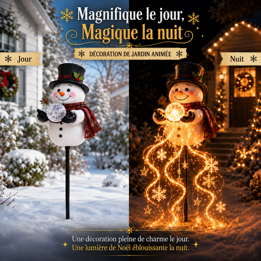 Fontaine lumineuse bonhomme de neige scintillante, décoration de Noël festive pour intérieur avec lumières.