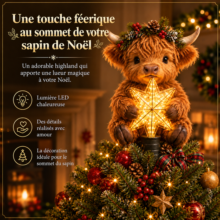 Étoile de Noël lumineuse vache Highland pour sapin, une décoration festive et animale pour l'hiver.