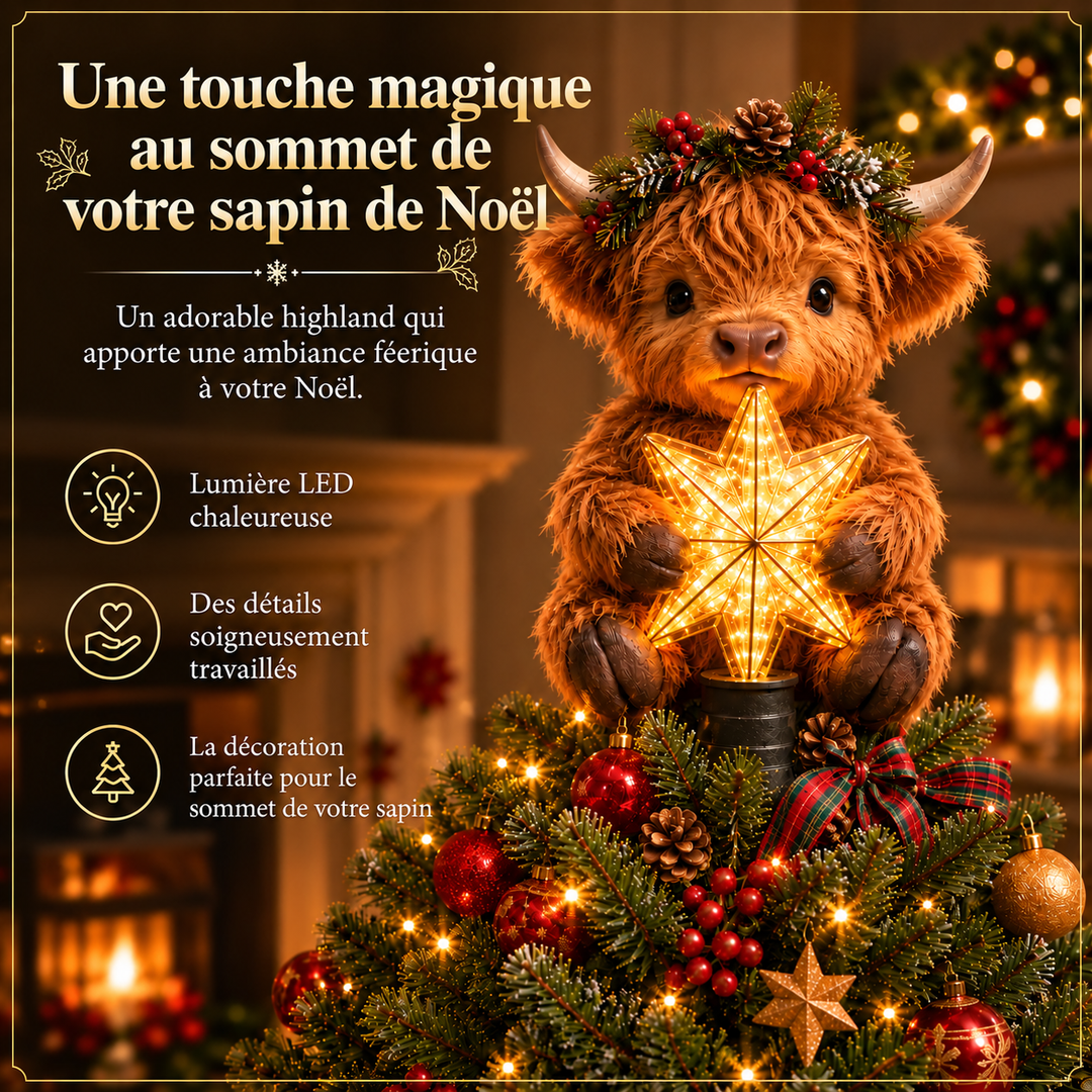 Décoration de Noël originale: étoile lumineuse vache Highland, idéale pour les fêtes de fin d'année.
