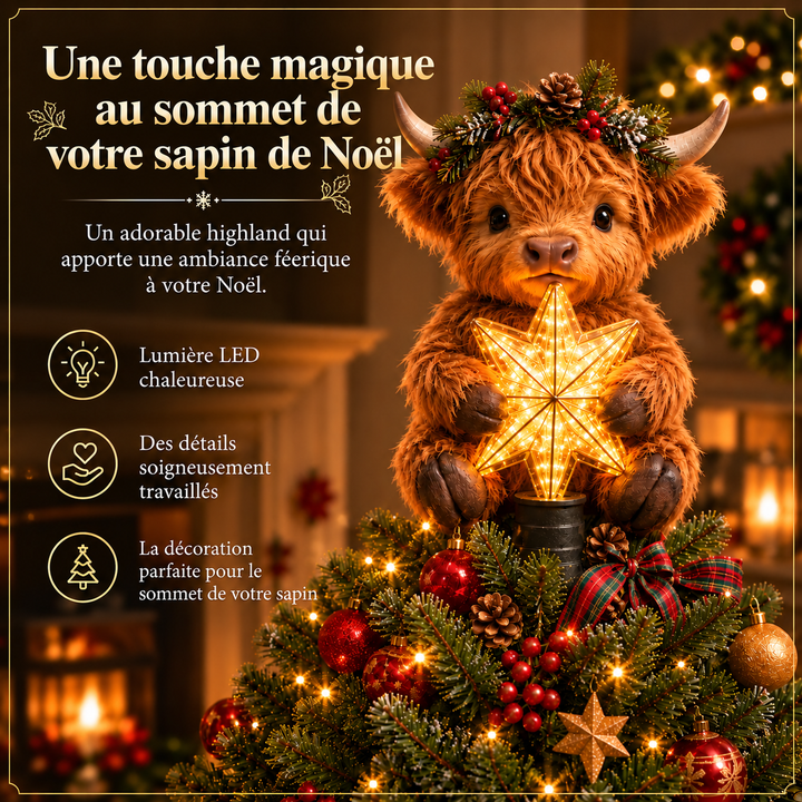 Décoration de Noël originale: étoile lumineuse vache Highland, idéale pour les fêtes de fin d'année.