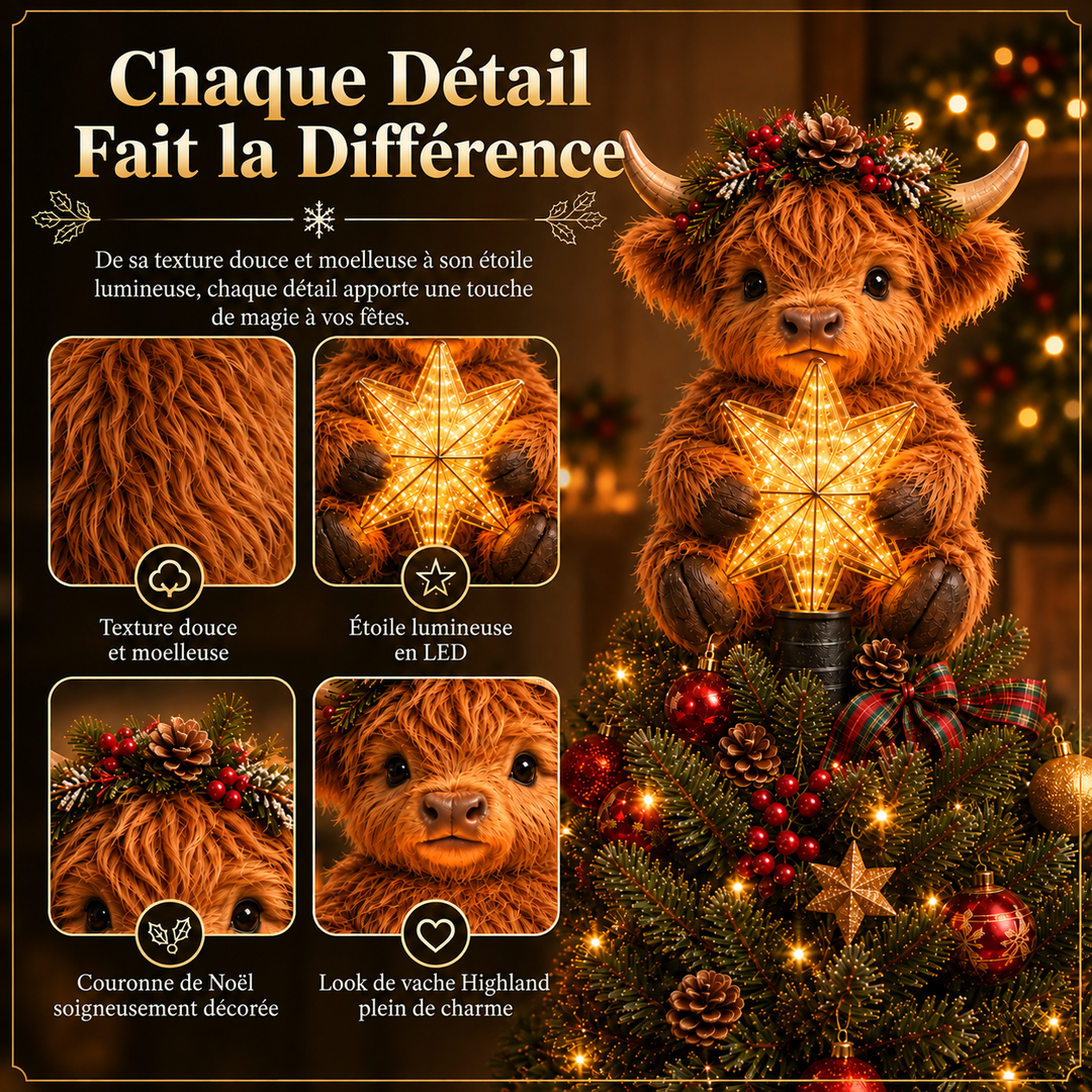 Accessoire de sapin de Noël: étoile lumineuse décorée d'une vache Highland, pour une touche festive.