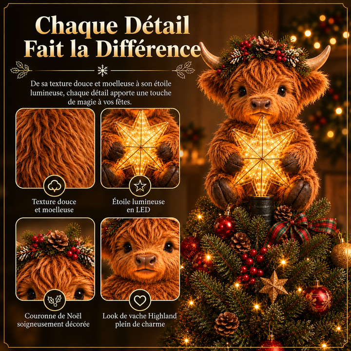 Accessoire de sapin de Noël: étoile lumineuse décorée d'une vache Highland, pour une touche festive.