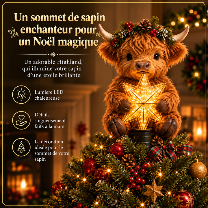 Ornement festif pour sapin: étoile lumineuse avec adorable vache Highland, décoration de Noël unique.