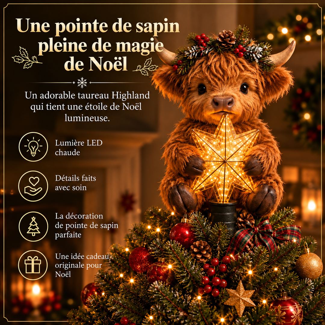 Étoile de Noël lumineuse en forme de vache Highland, parfaite pour décorer votre sapin de Noël.