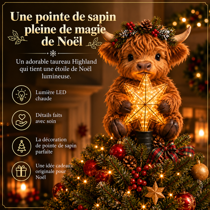 Étoile de Noël lumineuse en forme de vache Highland, parfaite pour décorer votre sapin de Noël.