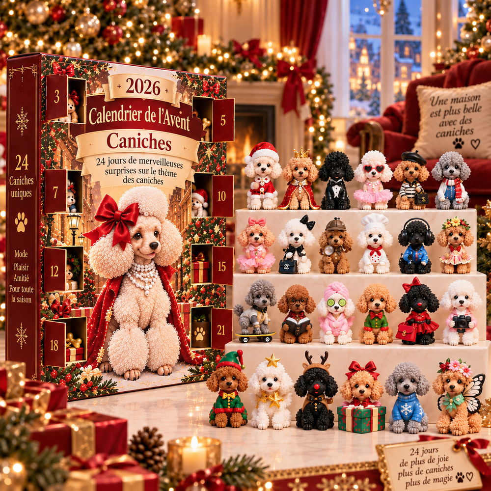 Cadeau de Noël pour amoureux des caniches : Calendrier Avent 2026 avec surprises festives et décorations élégantes.