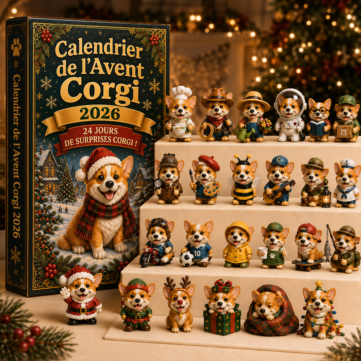 Illustration détaillée de Corgis joyeux sur le Calendrier de l'Avent, thème chien pour Noël familial et surprises.