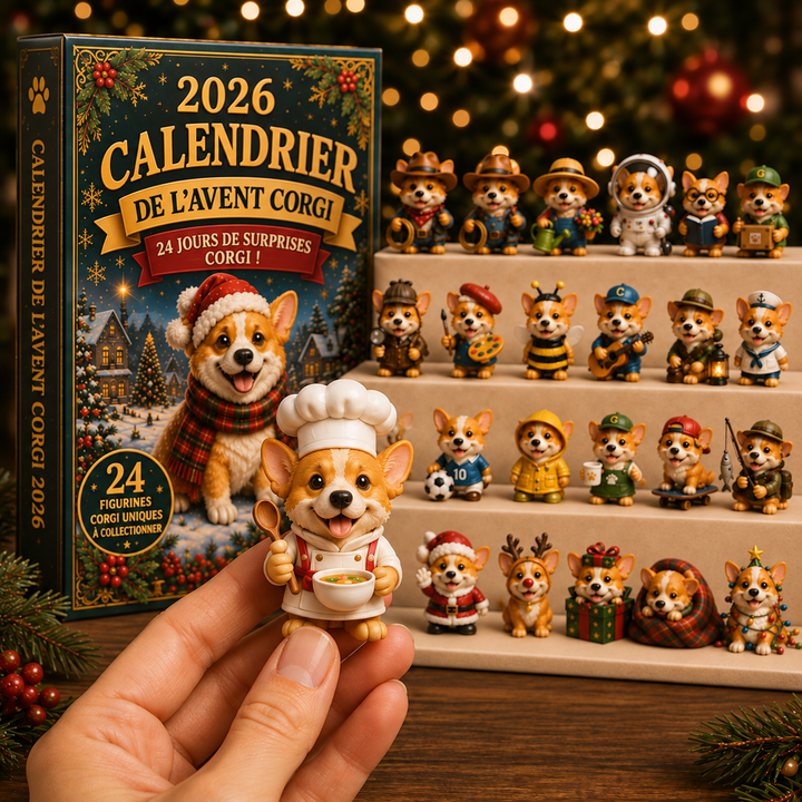 Famille réunie autour du Calendrier de l'Avent Corgi, joie de Noël et esprit familial pour les fêtes.