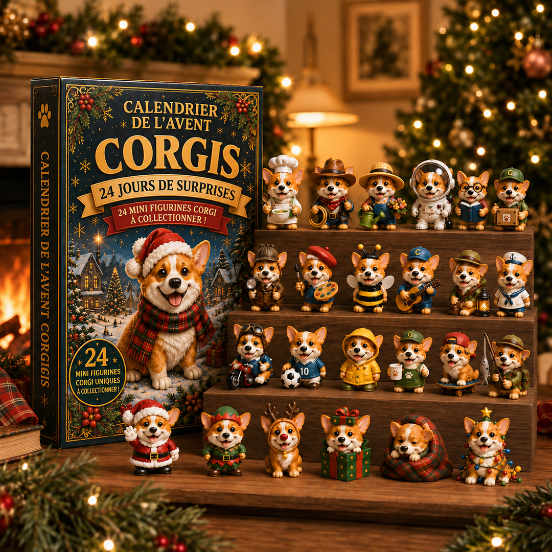 Un enfant ouvrant une case du Calendrier de l'Avent Corgi, une surprise chien pour décorations de Noël.