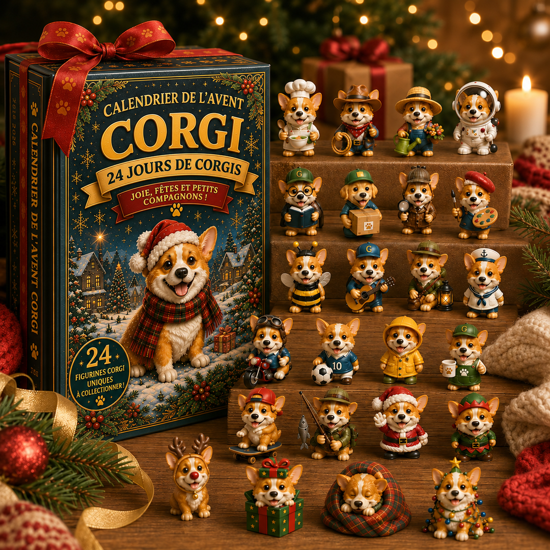 Calendrier de l'Avent Corgi pour Noël, 24 jours de surprises canines, idéal cadeau de fêtes d'hiver.