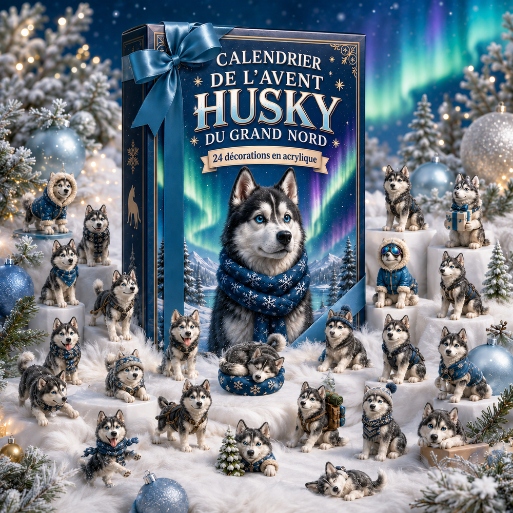 Détail du calendrier de l'Avent Husky, décor de Noël nordique. Chiot husky festif pour compte à rebours hivernal.