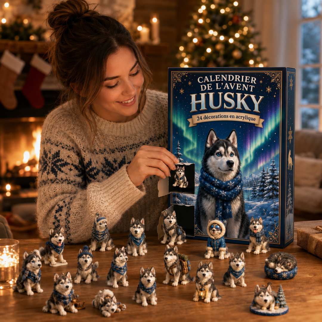 Calendrier de l'Avent Husky 2026 pour Noël. Décoration festive hivernale avec 24 surprises pour enfants et famille.