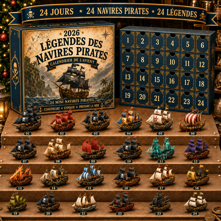 Cadeau de Noël idéal: Calendrier de l'Avent avec 24 jouets navires pirates miniatures, stimule l'imagination des enfants.