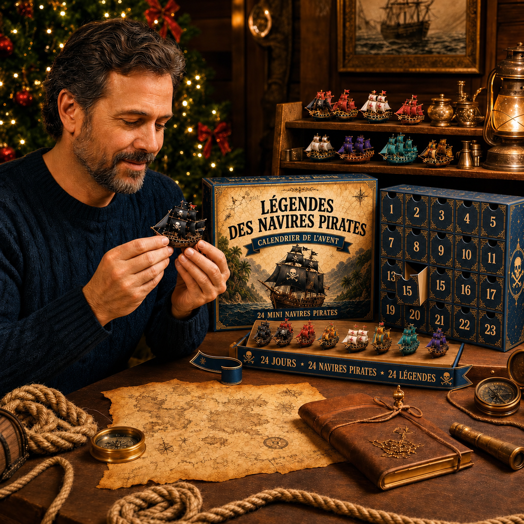Boîte ouverte du Calendrier de l'Avent Pirates 2026 montrant divers navires miniatures maritimes, idée cadeau Noël.
